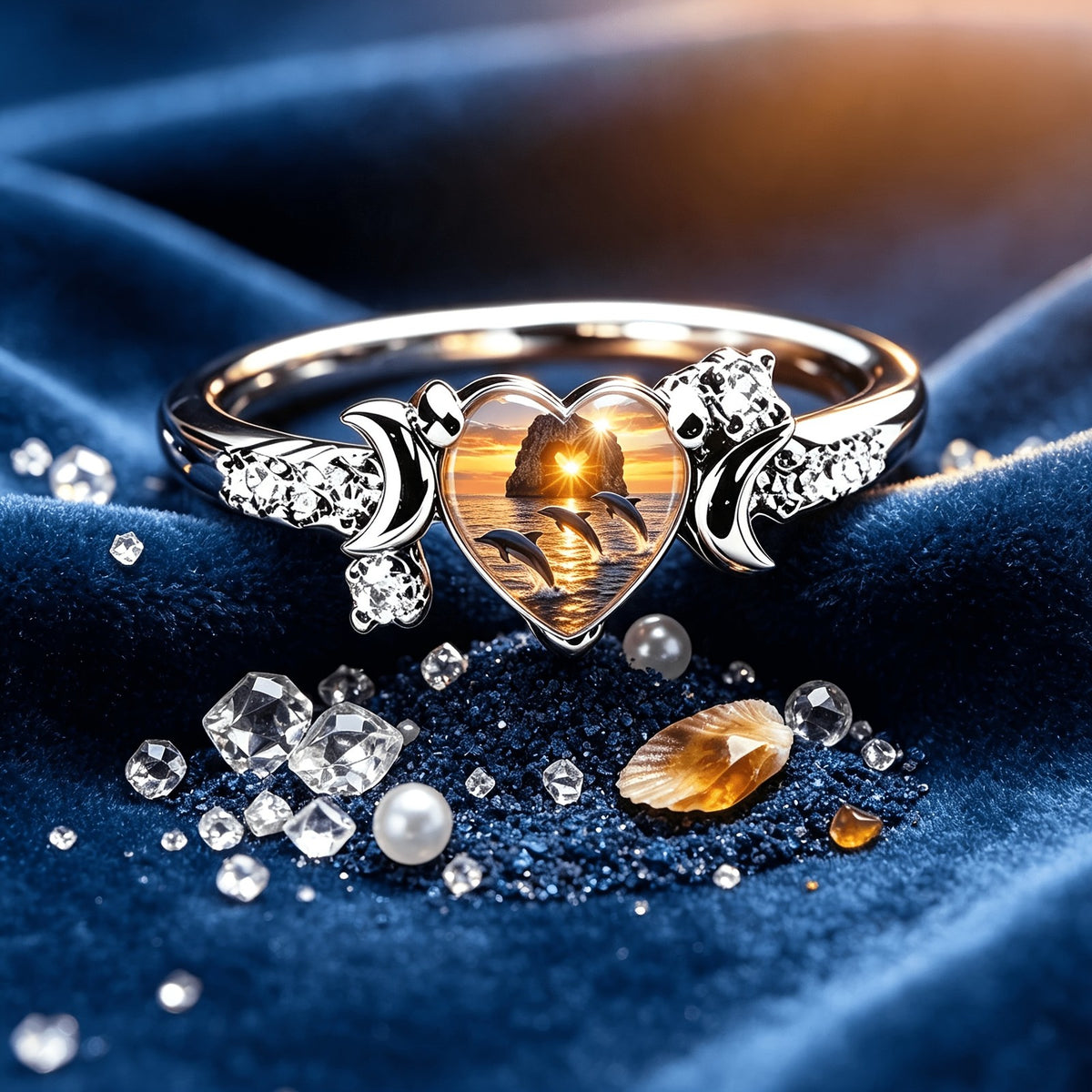 Sunset Dolphin Heart Ring