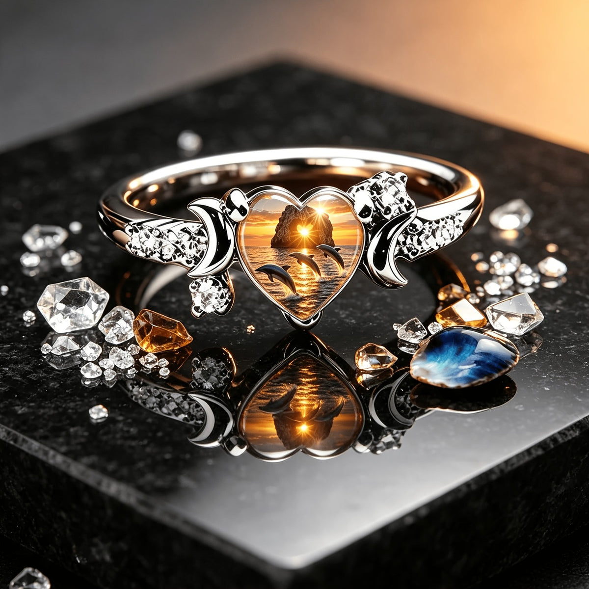 Sunset Dolphin Heart Ring