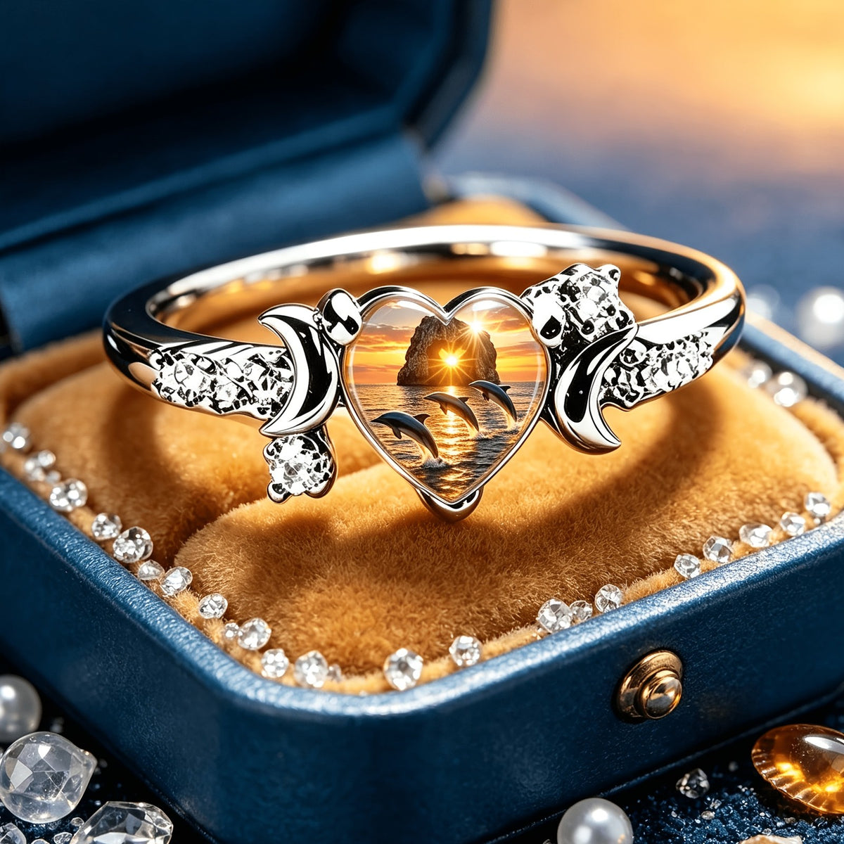 Sunset Dolphin Heart Ring