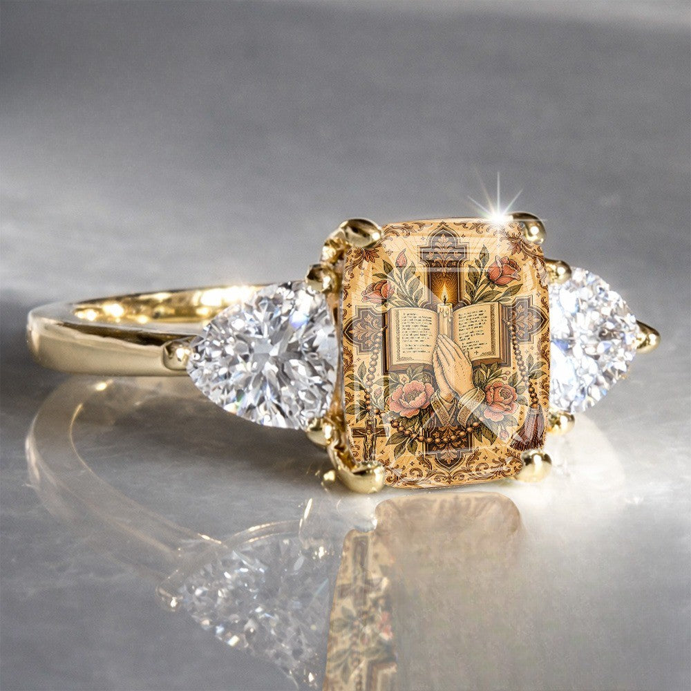 Praying Hands Book & Floral Square Ring