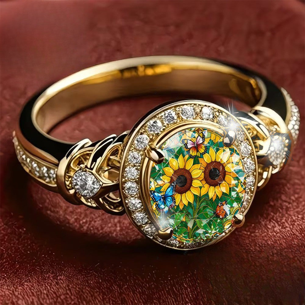Sunflower Butterfly Glass Ring