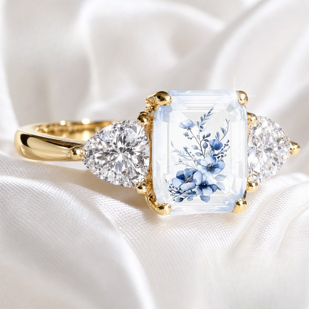 Blue Floral Three Stone Ring