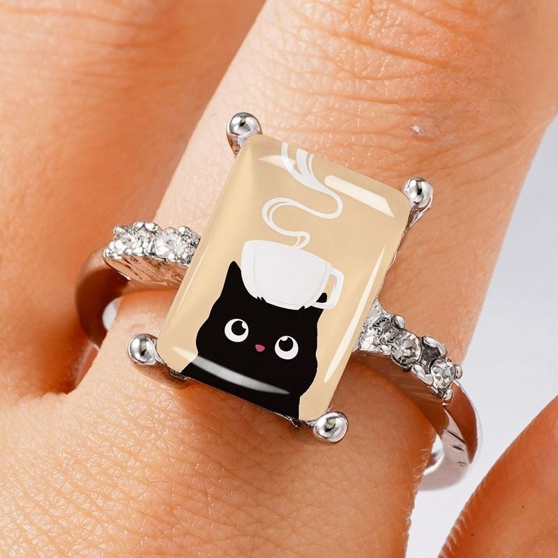 Black Cat Coffee Cup Square Ring