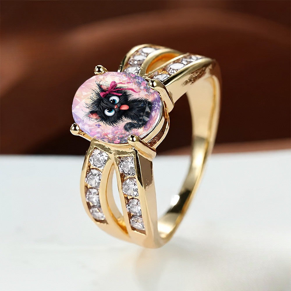 Pink Floral Black Cat Statement Ring