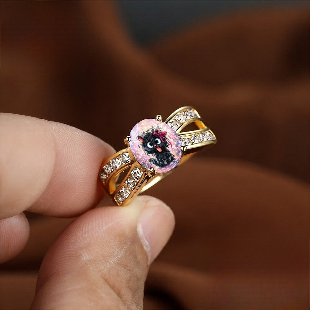 Pink Floral Black Cat Statement Ring