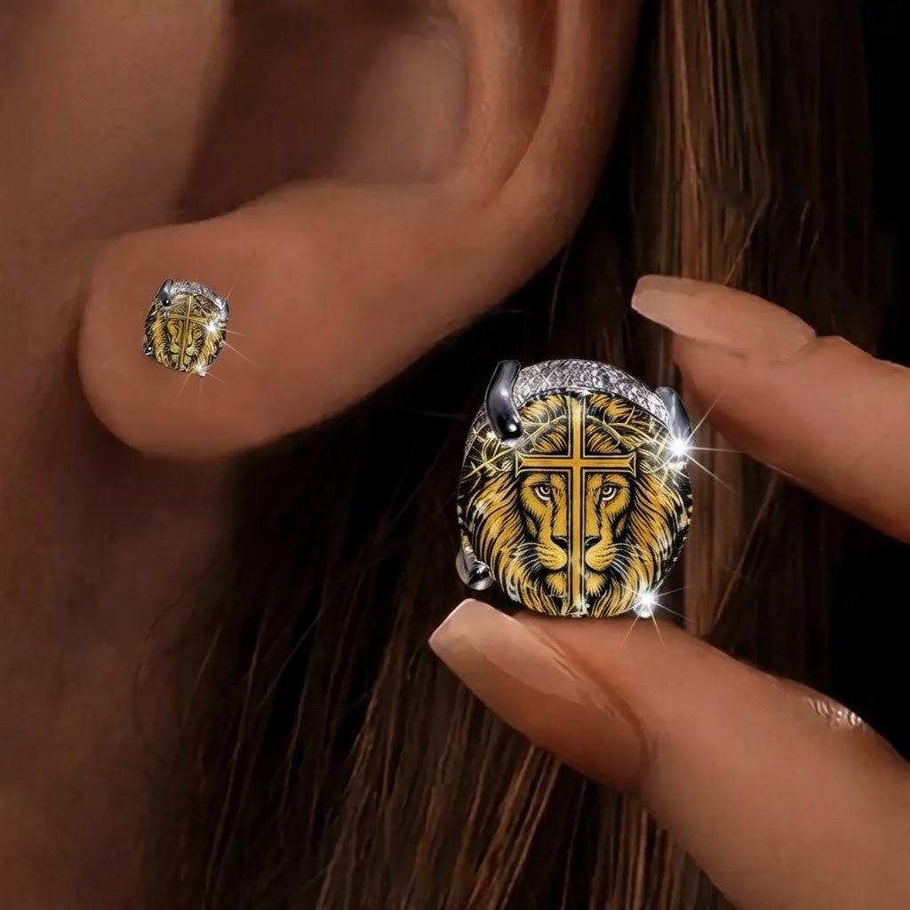 Lion Cross Crystal Stud Earrings