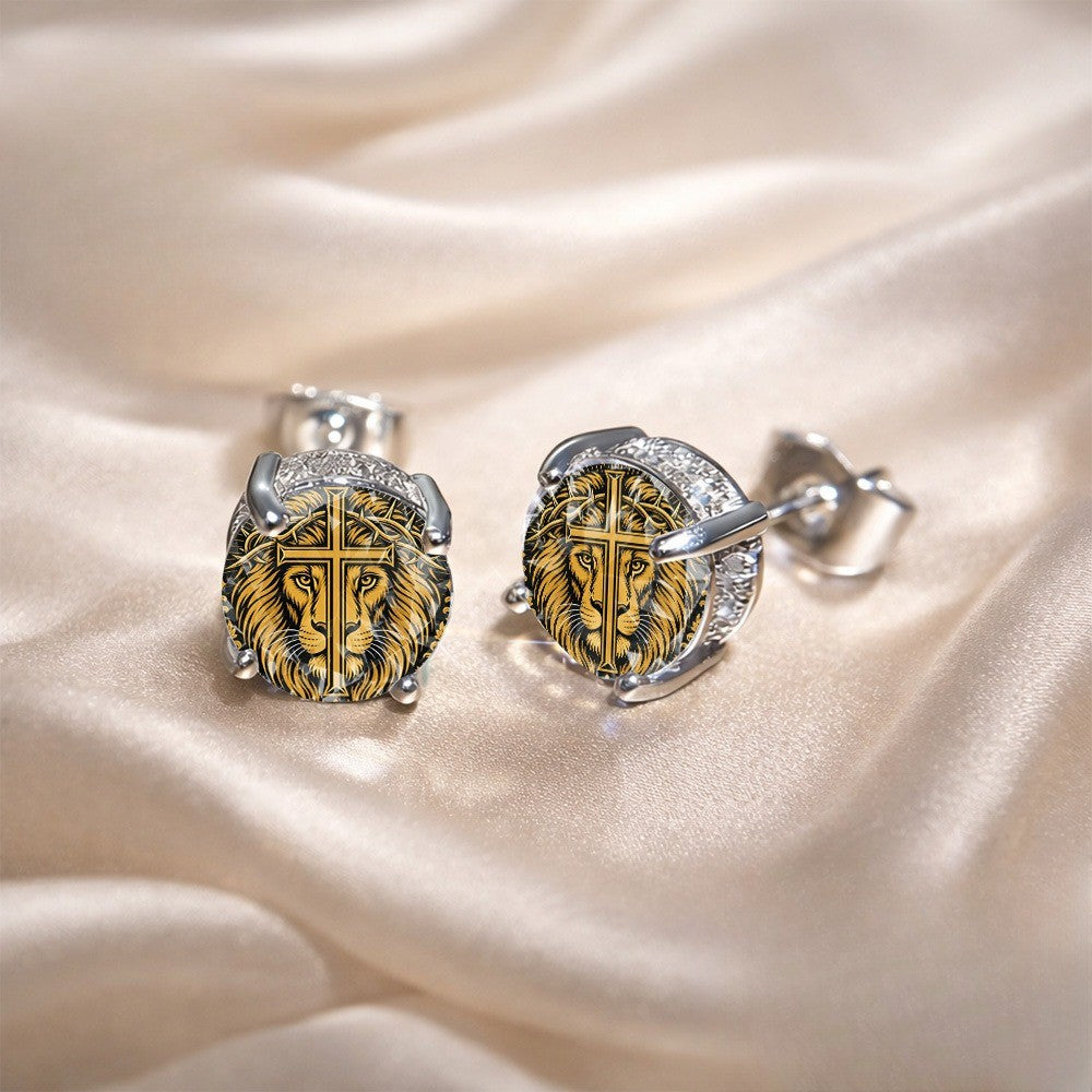 Lion Cross Crystal Stud Earrings