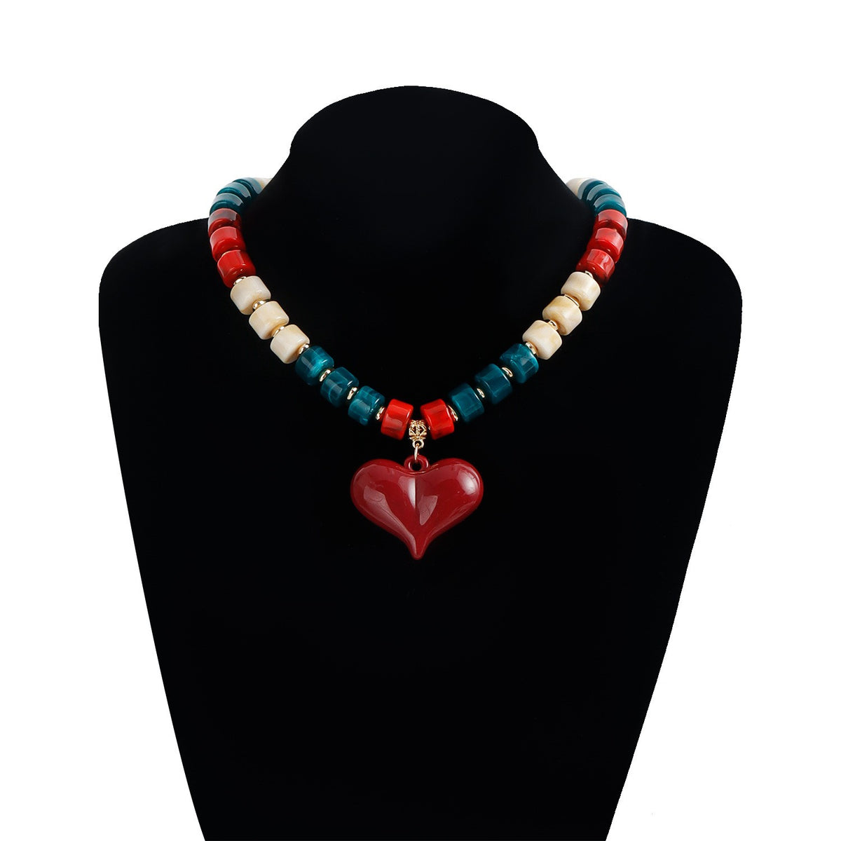 Crimson & Teal Beaded Heart Necklace