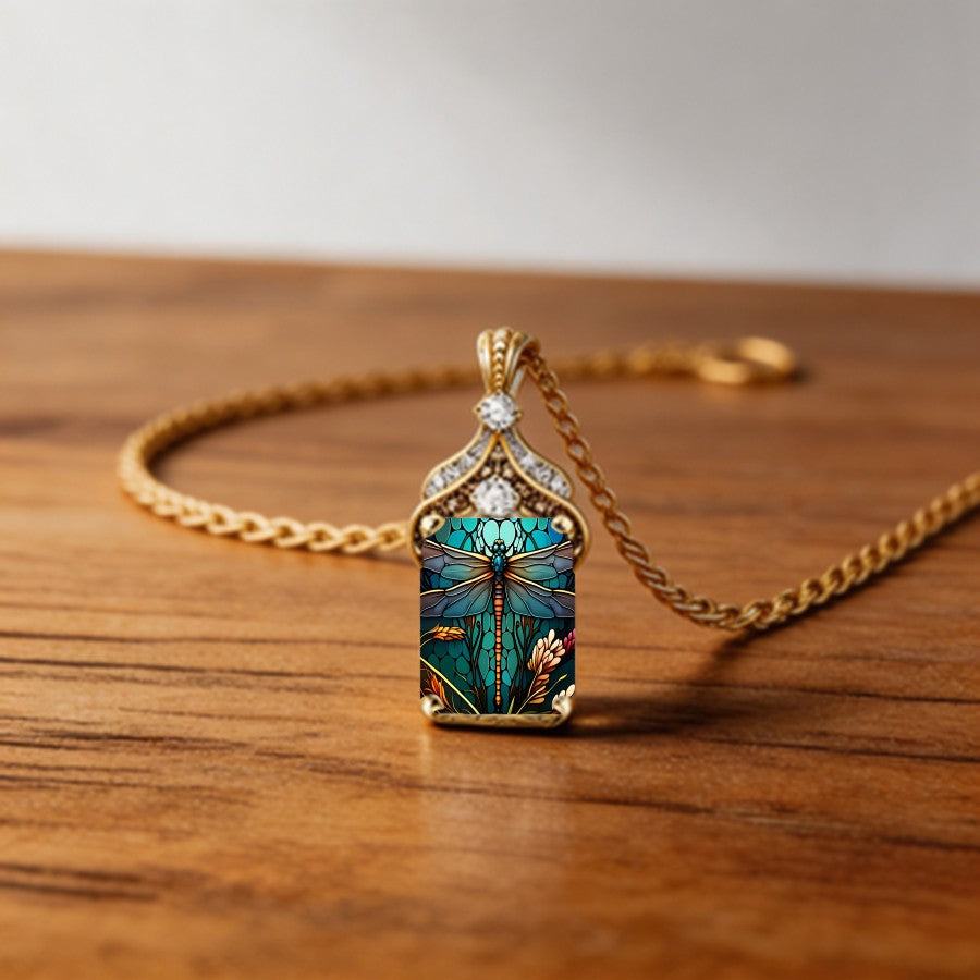 Dragonfly Garden Square Pendant Necklace