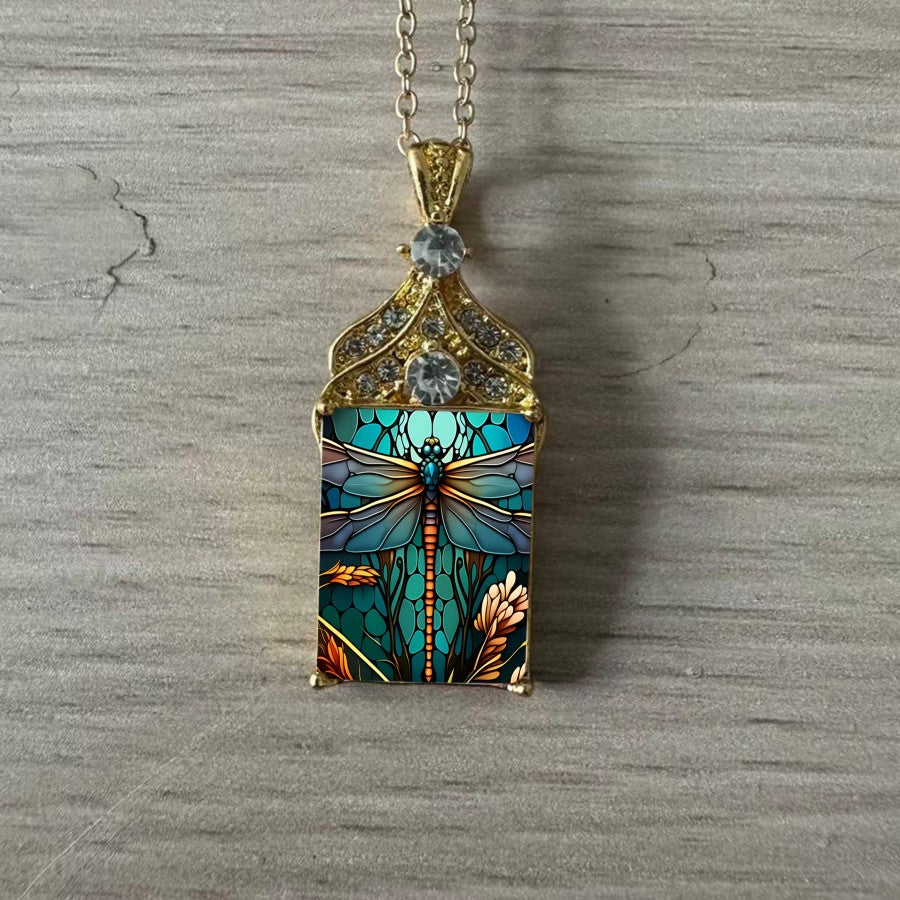 Dragonfly Garden Square Pendant Necklace