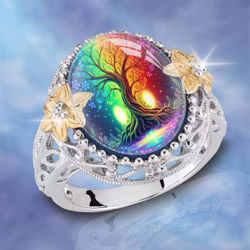 Rainbow Tree of Life Floral Ring