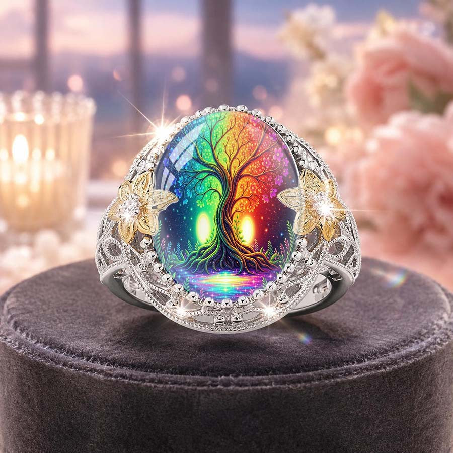 Rainbow Tree of Life Floral Ring