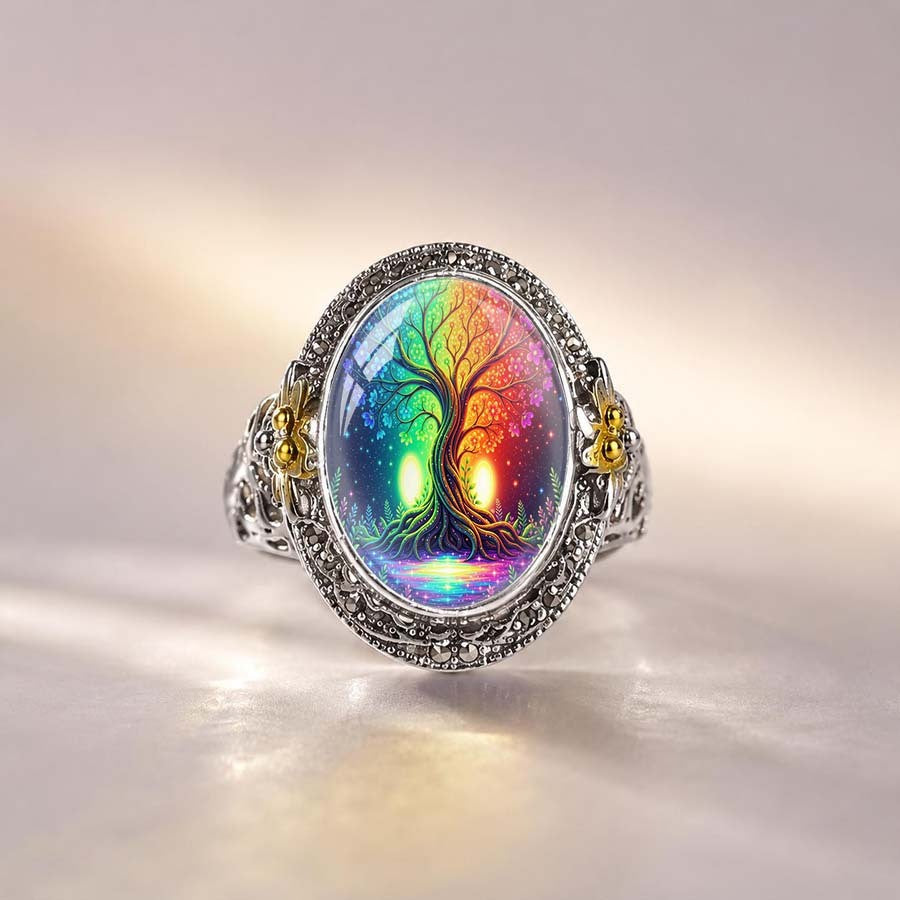 Rainbow Tree of Life Floral Ring
