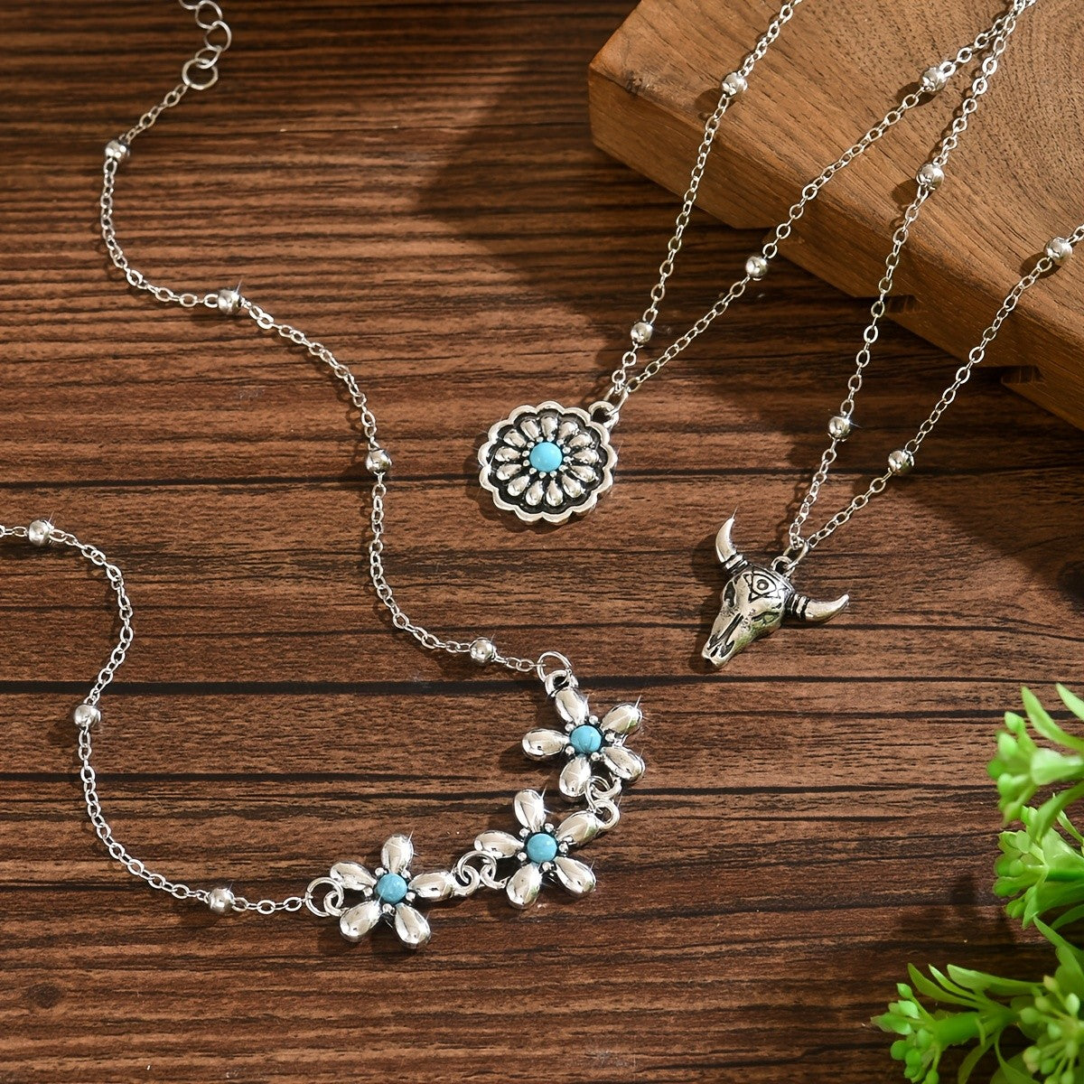 Layered Turquoise Flower & Bull Head Necklace
