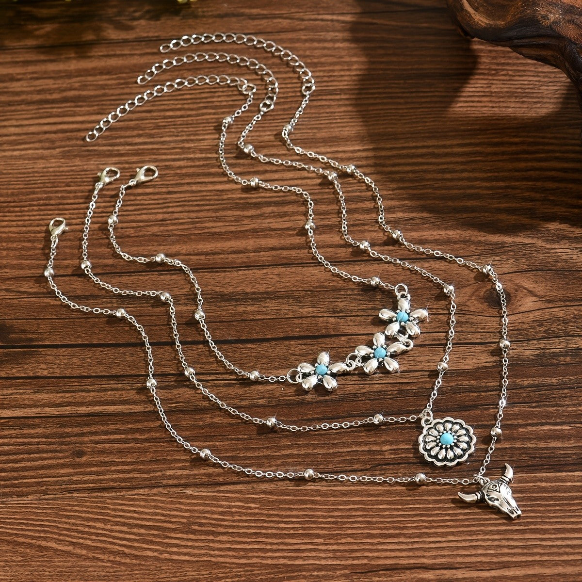 Layered Turquoise Flower & Bull Head Necklace