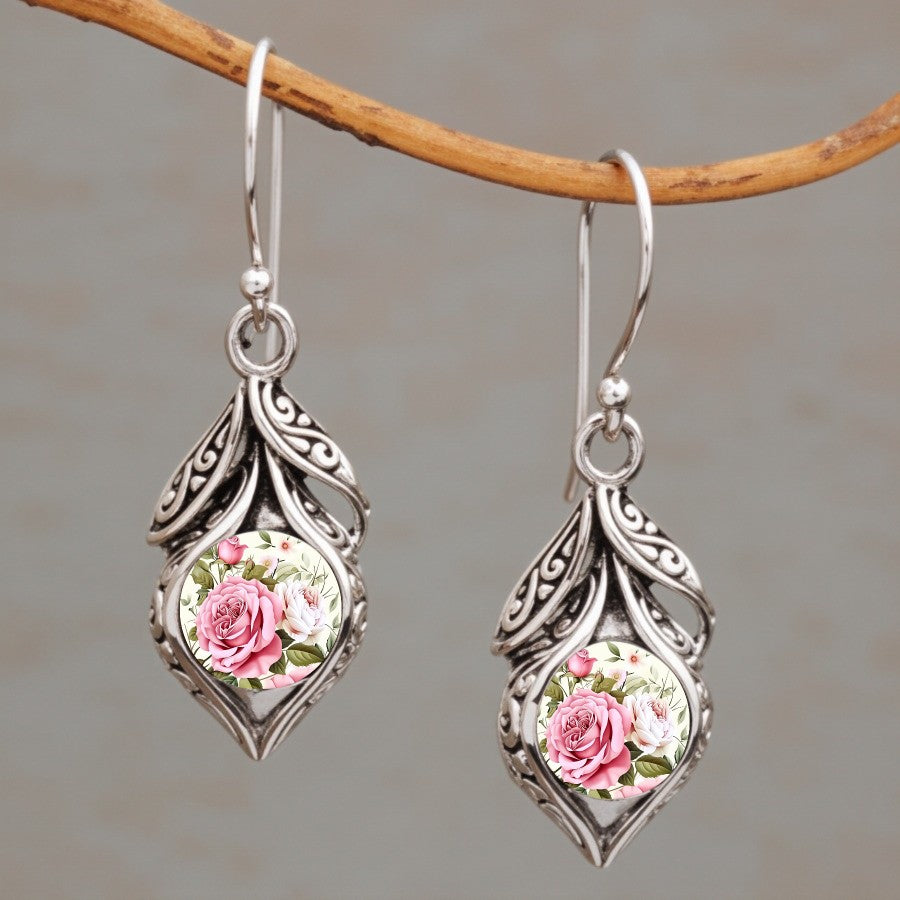 Pink Rose Filigree Drop Earrings