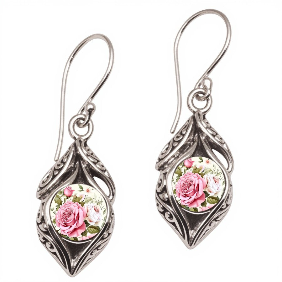 Pink Rose Filigree Drop Earrings