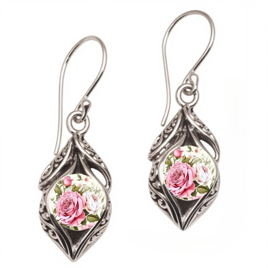 Pink Rose Filigree Drop Earrings
