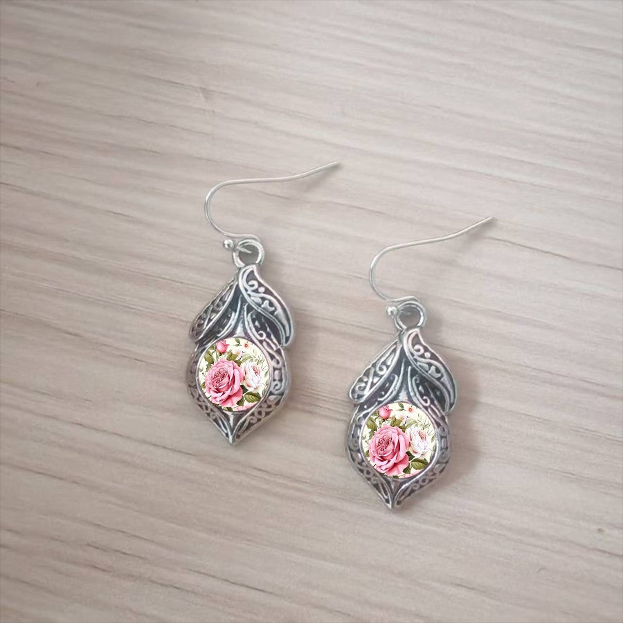 Pink Rose Filigree Drop Earrings