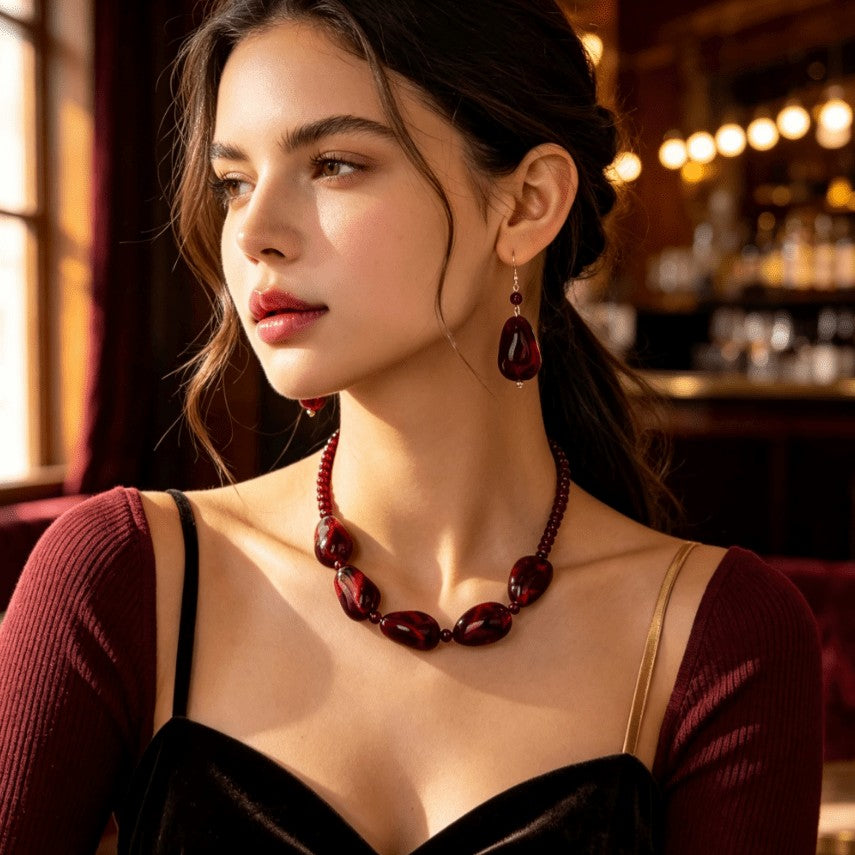 Wine Red Beaded Necklace & Earring Set