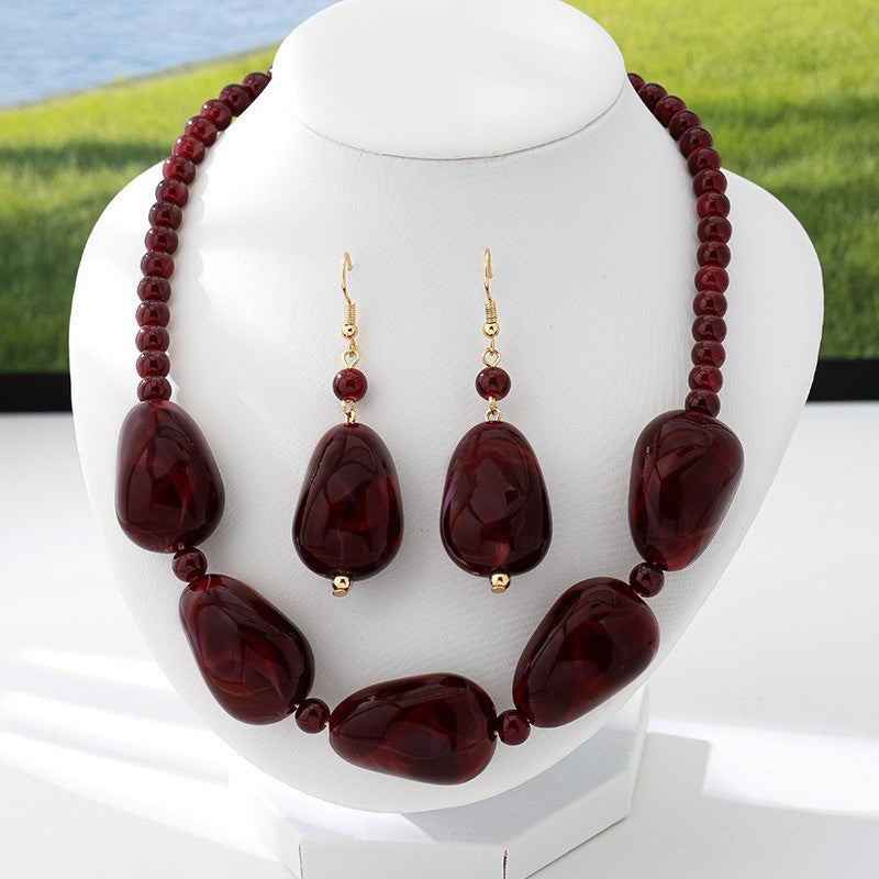 Wine Red Beaded Necklace & Earring Set