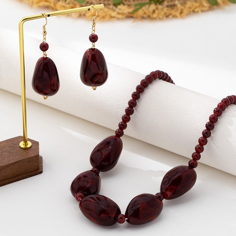 Wine Red Beaded Necklace & Earring Set