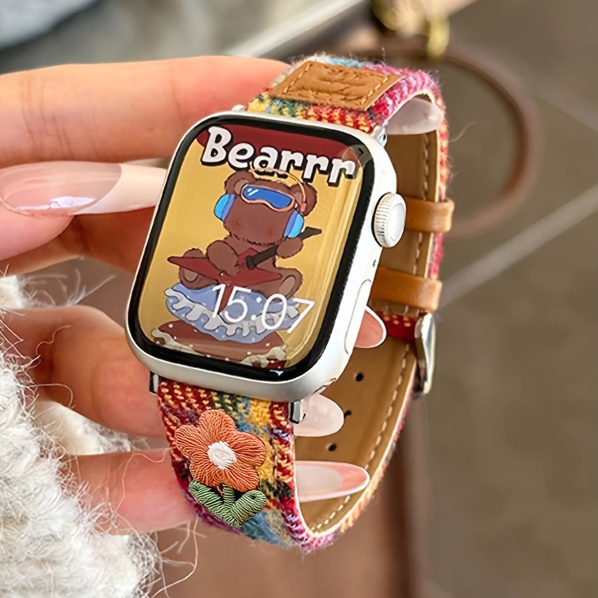 Embroidered Floral Plaid Watch Band