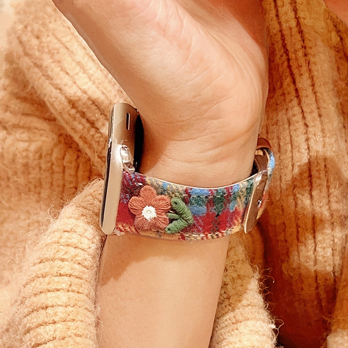 Embroidered Floral Plaid Watch Band