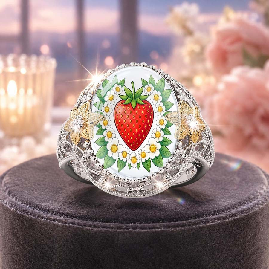 Strawberry & Daisy Glass Dome Ring