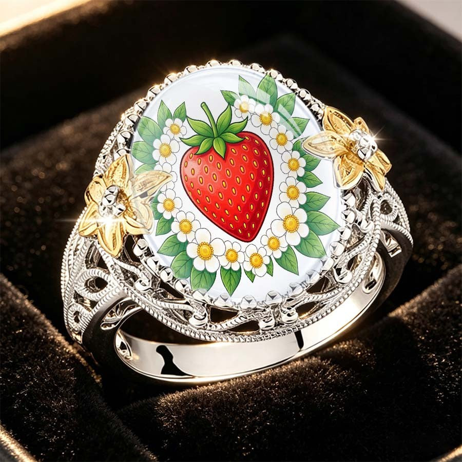 Strawberry & Daisy Glass Dome Ring