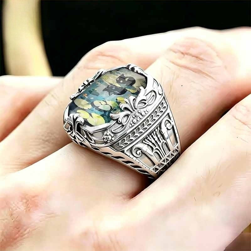 Black Cat Water Lily Square Ring