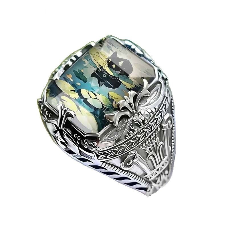 Black Cat Water Lily Square Ring