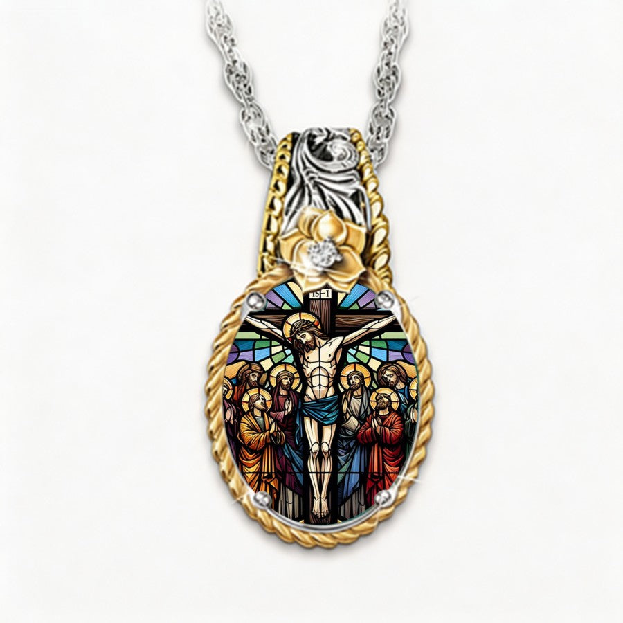 Stained Glass Crucifix Oval Necklace