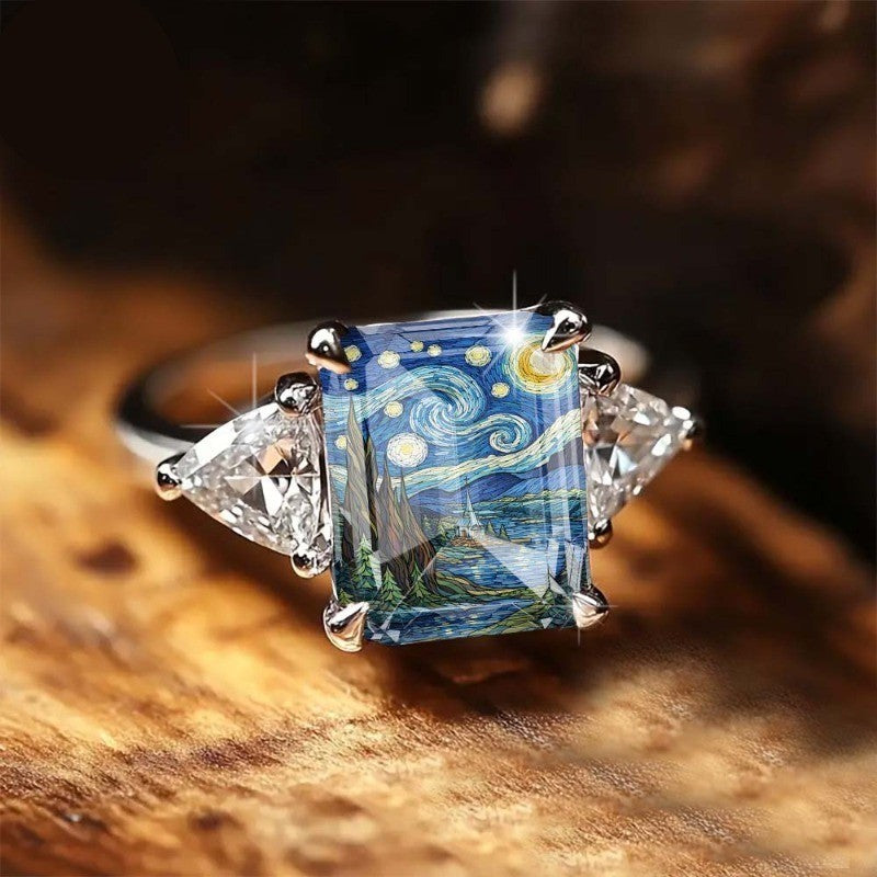 Starry Night Cypress Tree Square Ring