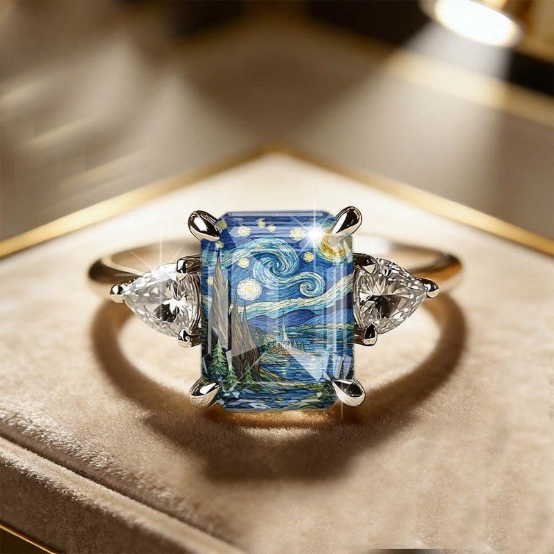 Starry Night Cypress Tree Square Ring