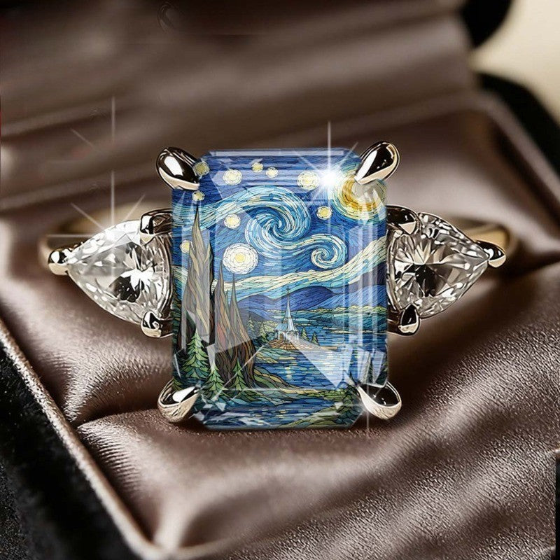Starry Night Cypress Tree Square Ring