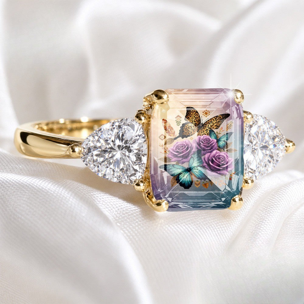 Floral Butterfly Three Stone Ring