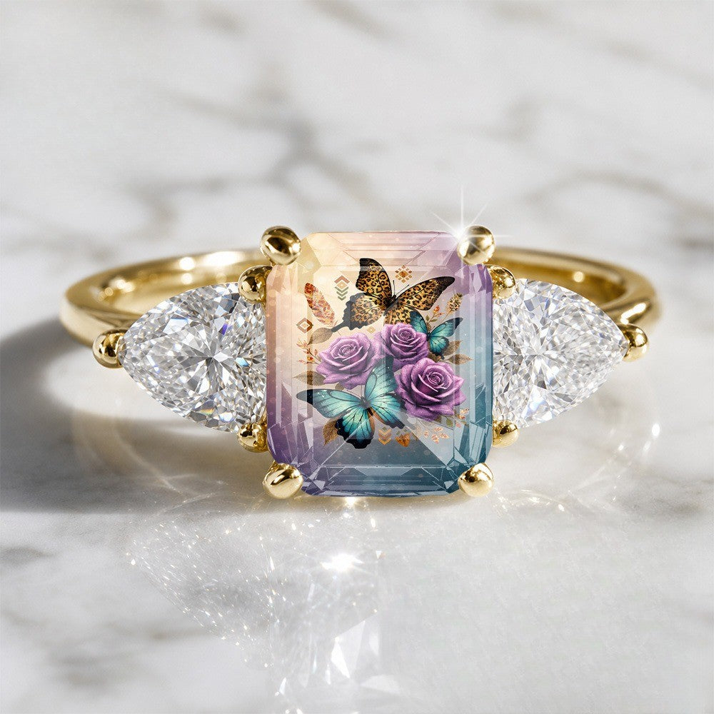 Floral Butterfly Three Stone Ring