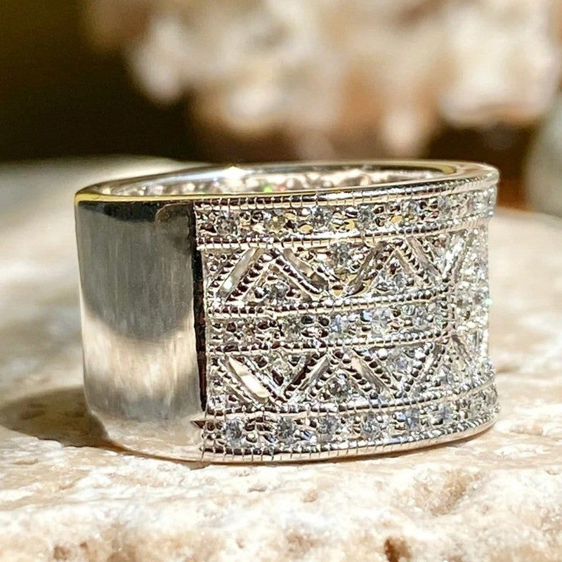 Vintage Filigree Zircon Wide Band Ring