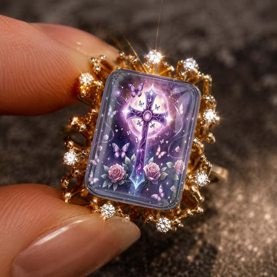 Purple Cross & Rose Square Ring