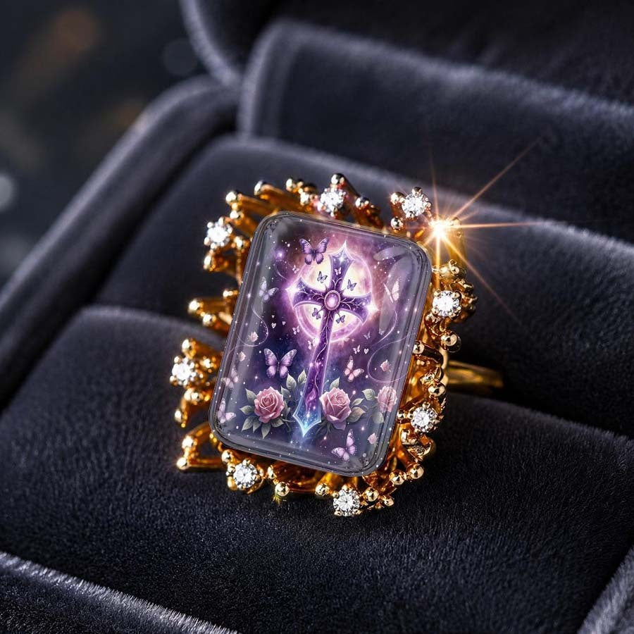 Purple Cross & Rose Square Ring