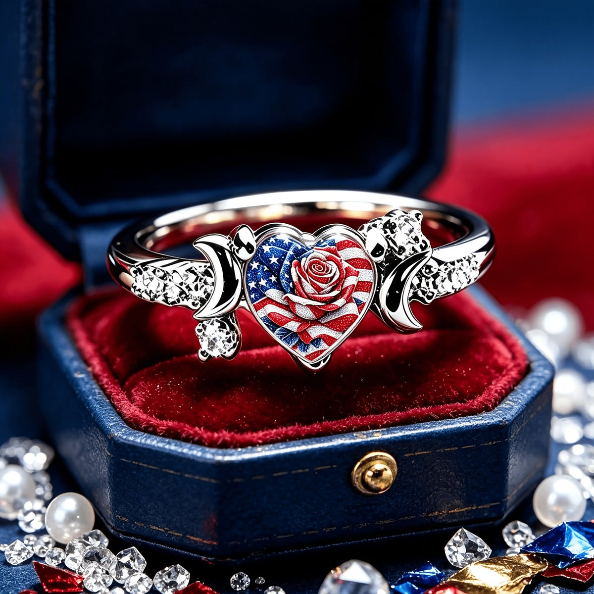 Patriotic Rose Heart Ring