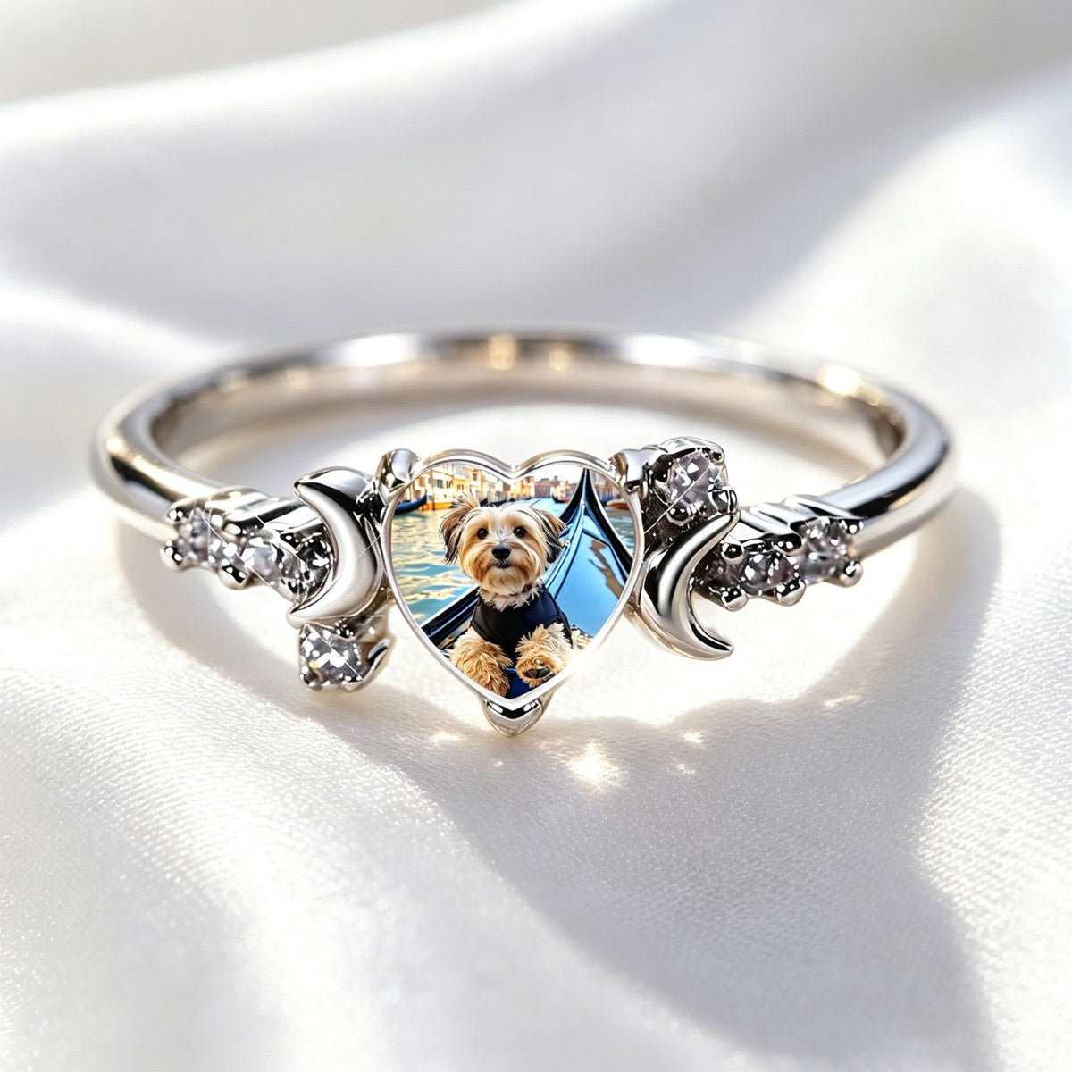 Yorkie Portrait Heart & Moon Ring