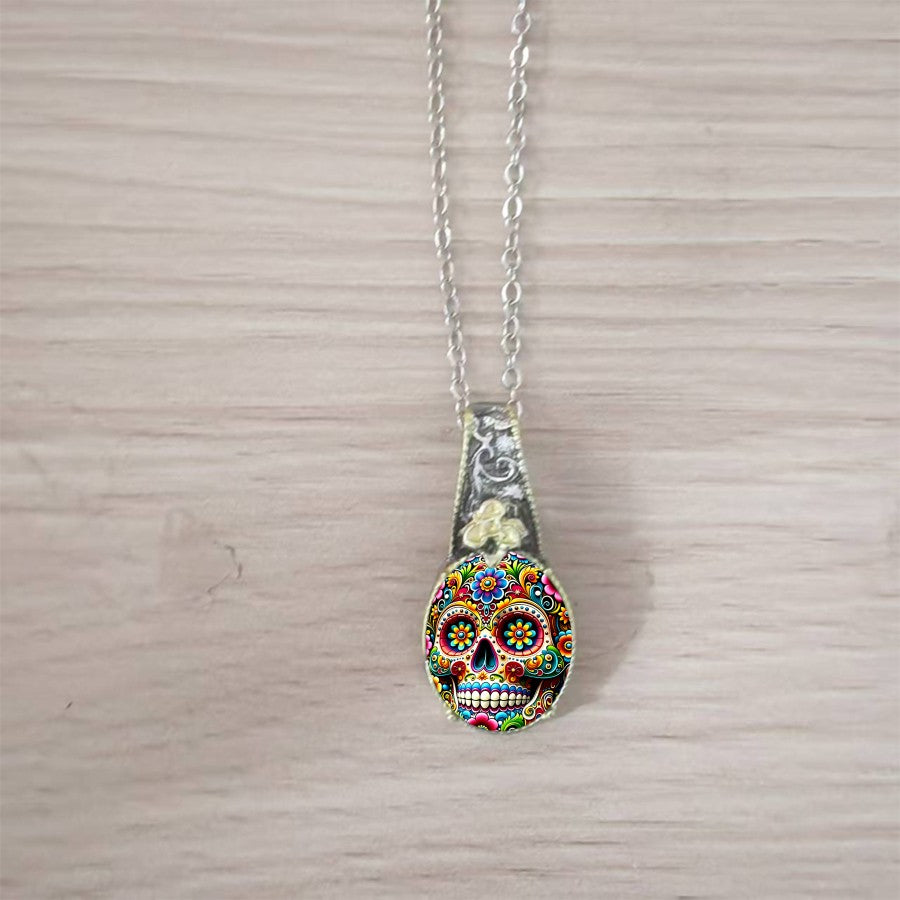 Multicolor Floral Skull Pendant Necklace