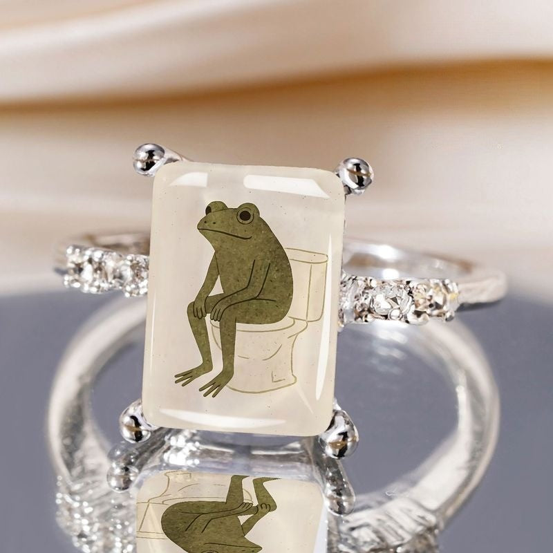 Frog on Toilet Rectangle Ring
