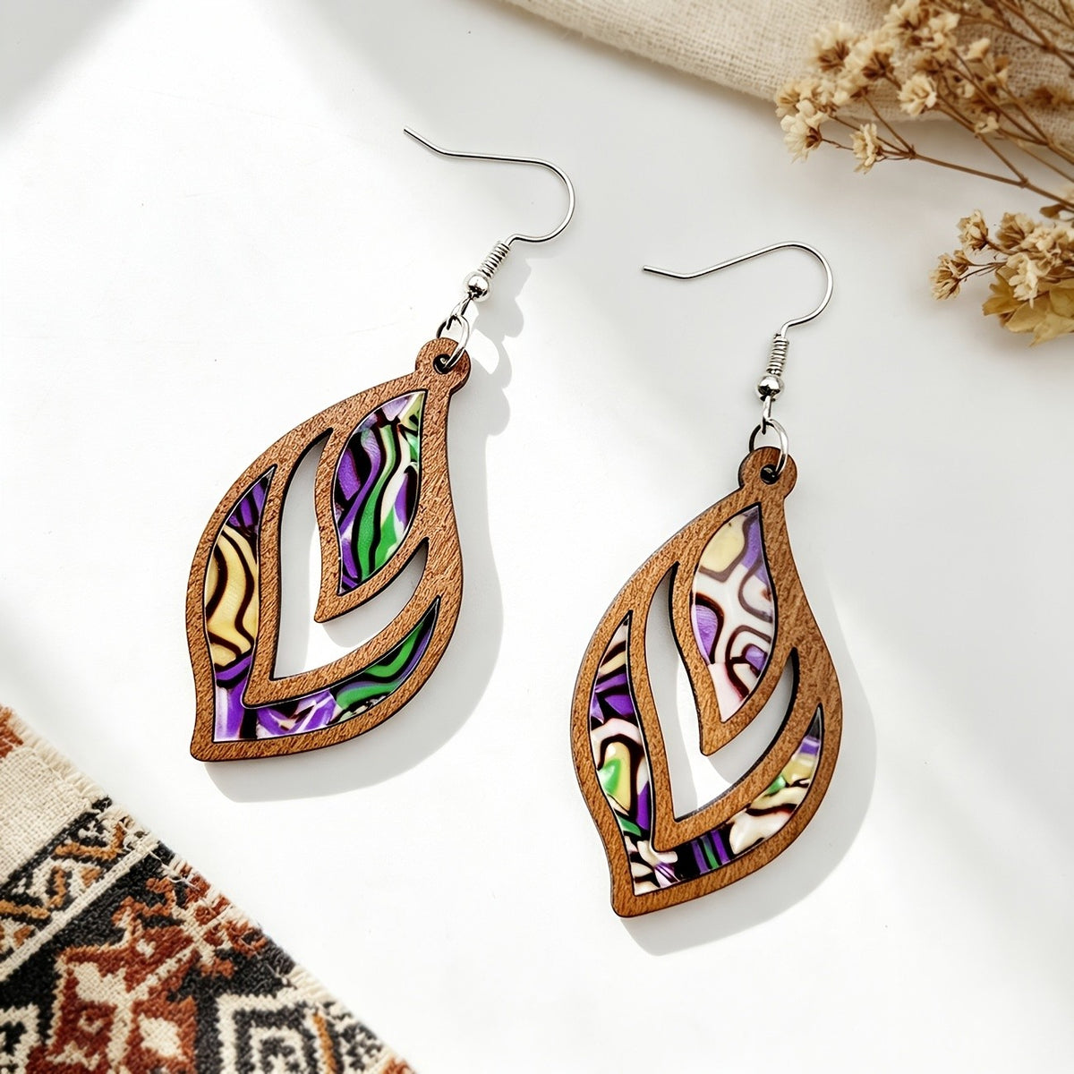 Wooden Leaf Inlay Earrings