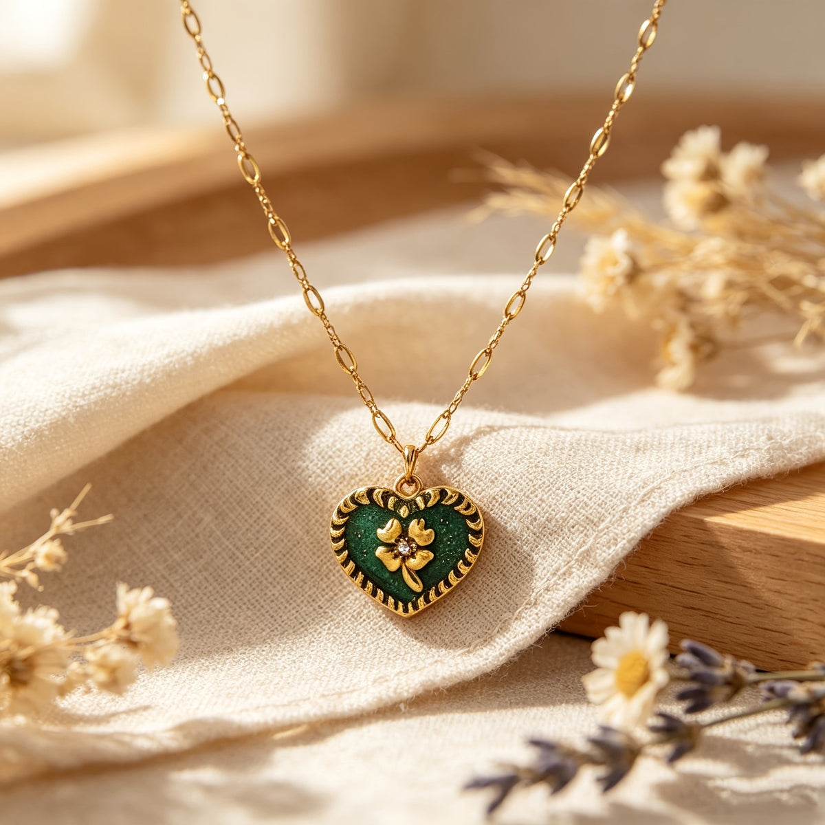 Green Enamel Heart Clover Necklace