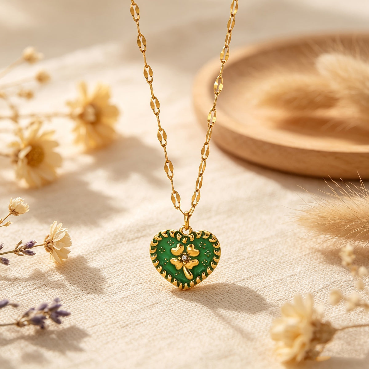Green Enamel Heart Clover Necklace