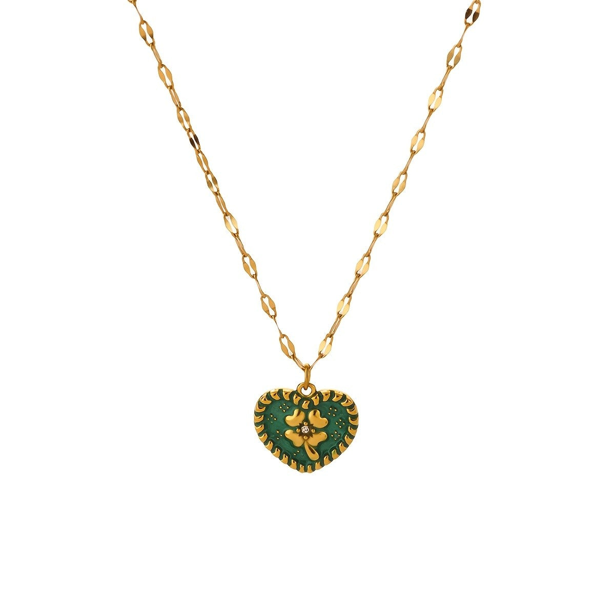 Green Enamel Heart Clover Necklace