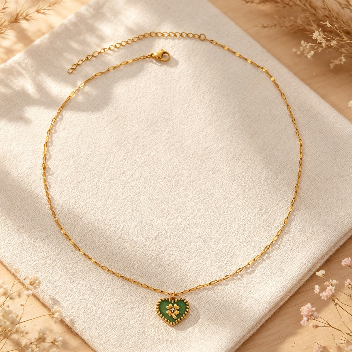 Green Enamel Heart Clover Necklace